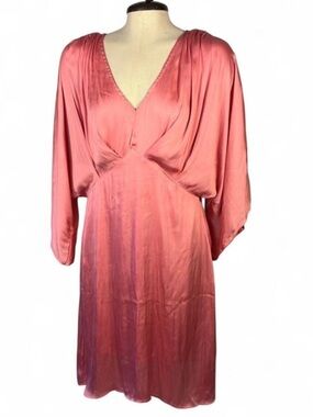 One One Six Pink Satin Mini Dress Draped V Neck Dolman Sleeve Silky Size Large